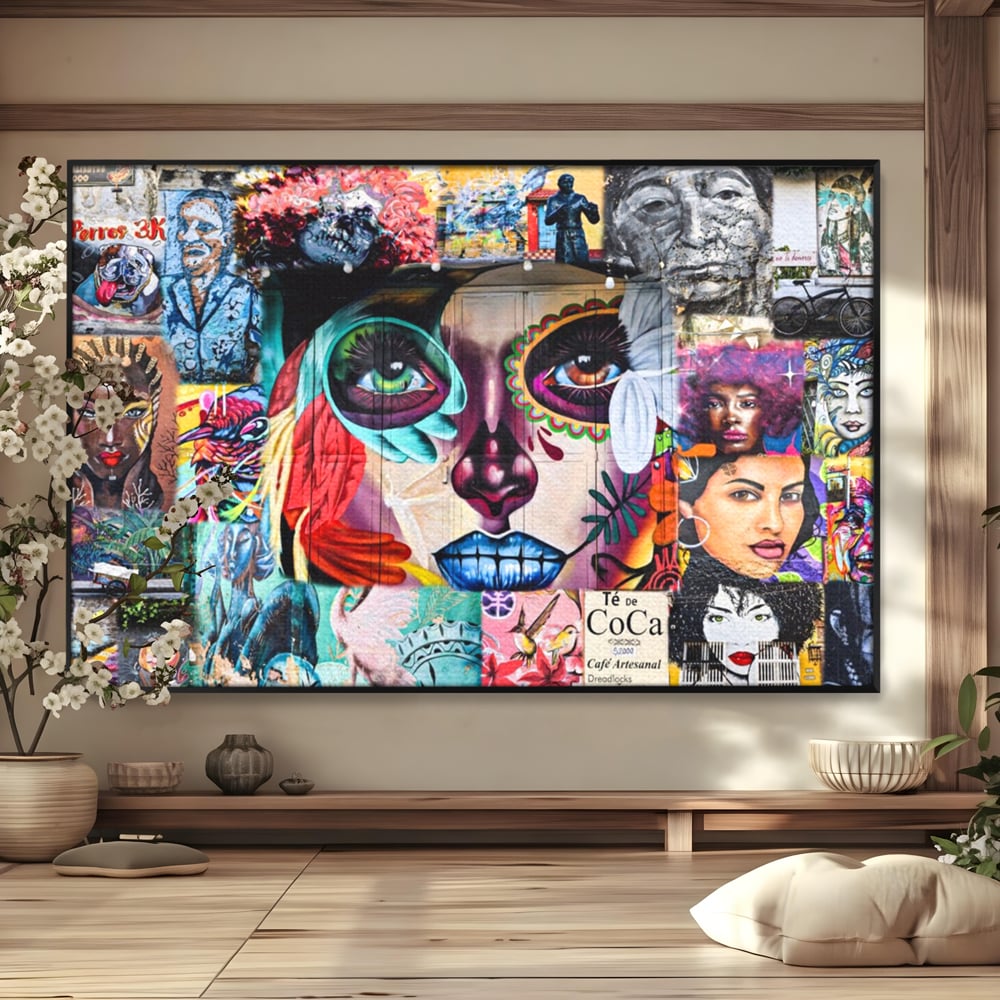 Tablou canvas cu tablou canvas cu colaj grafitti urban, in rama de aluminiu negru
